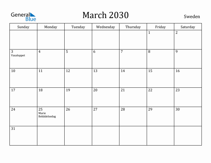 March 2030 Calendar Sweden