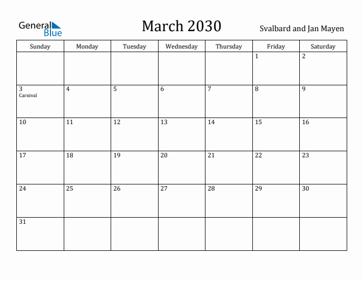 March 2030 Calendar Svalbard and Jan Mayen