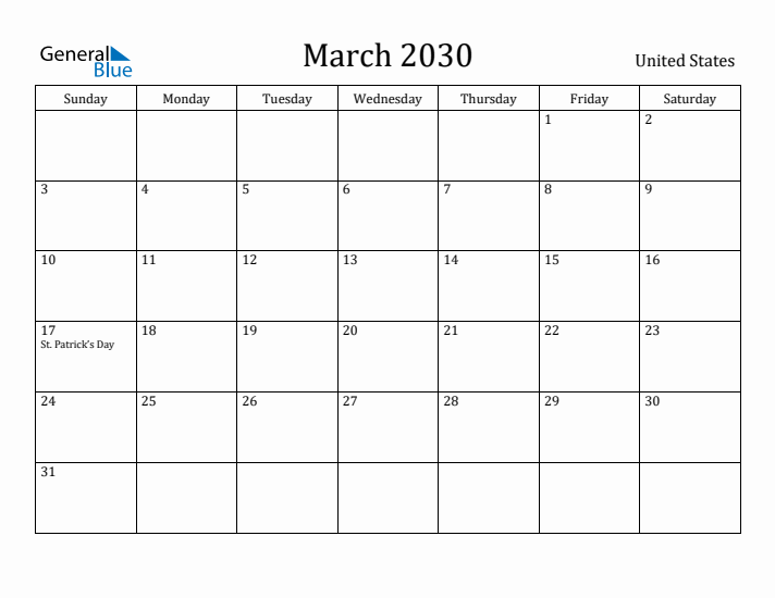 March 2030 Calendar United States