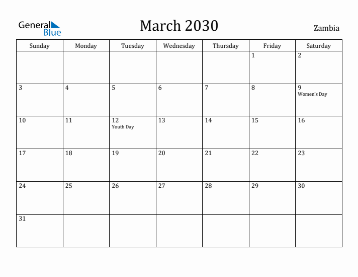 March 2030 Calendar Zambia