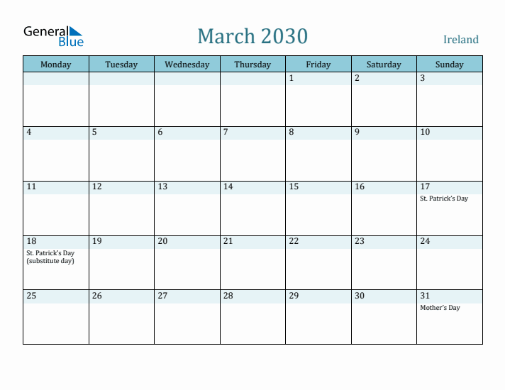 March 2030 Calendar with Holidays