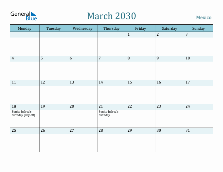 March 2030 Calendar with Holidays