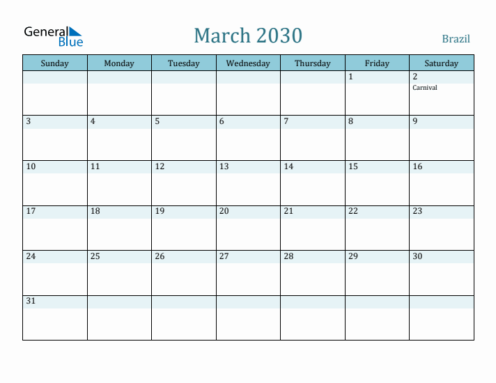 March 2030 Calendar with Holidays