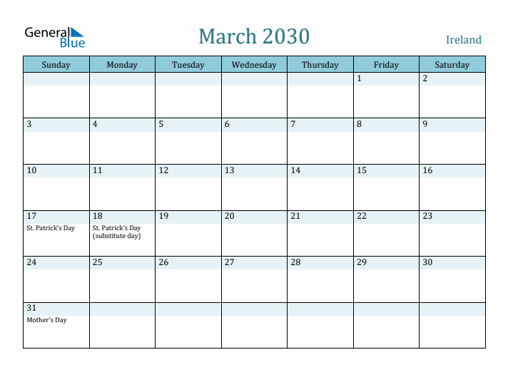 March 2030 Calendar with Holidays