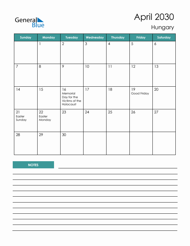 Calendar with Notes Printable - Sunday Start