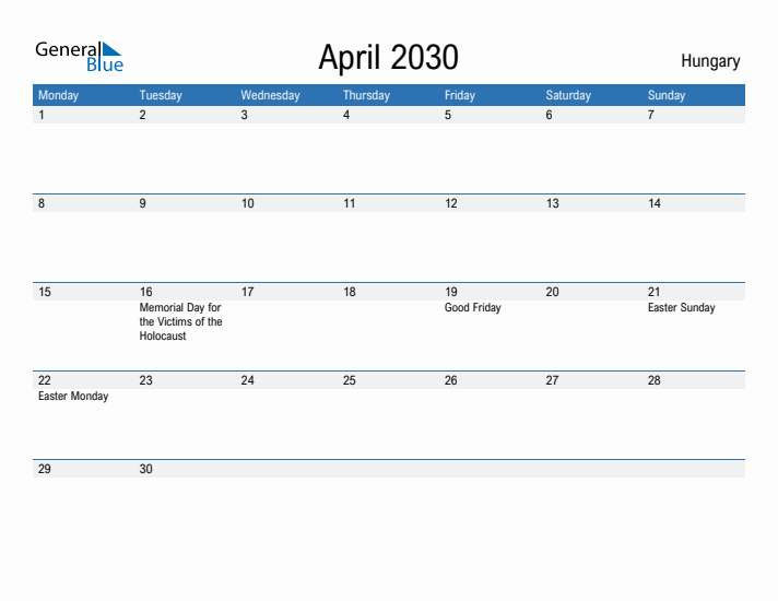 Fillable April 2030 Calendar