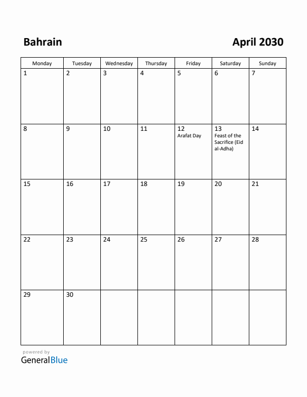 April 2030 Calendar with Bahrain Holidays