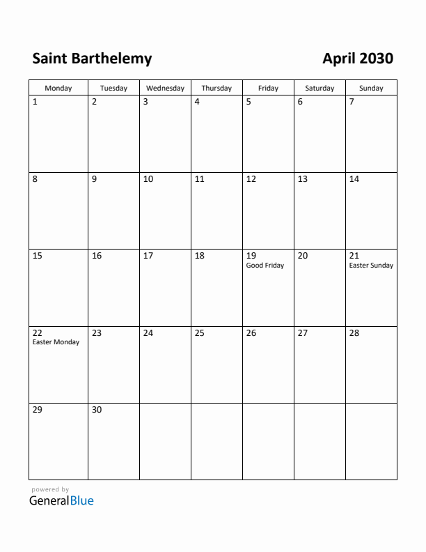 April 2030 Calendar with Saint Barthelemy Holidays