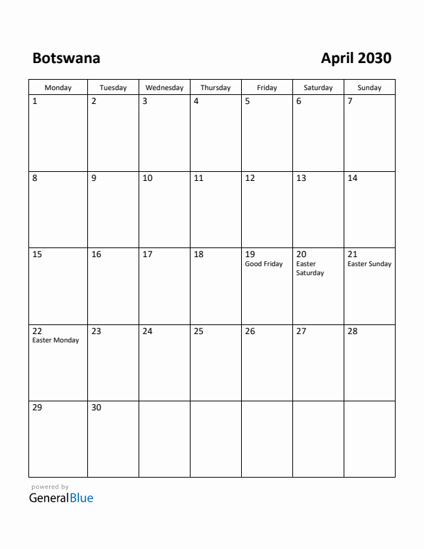 April 2030 Calendar with Botswana Holidays