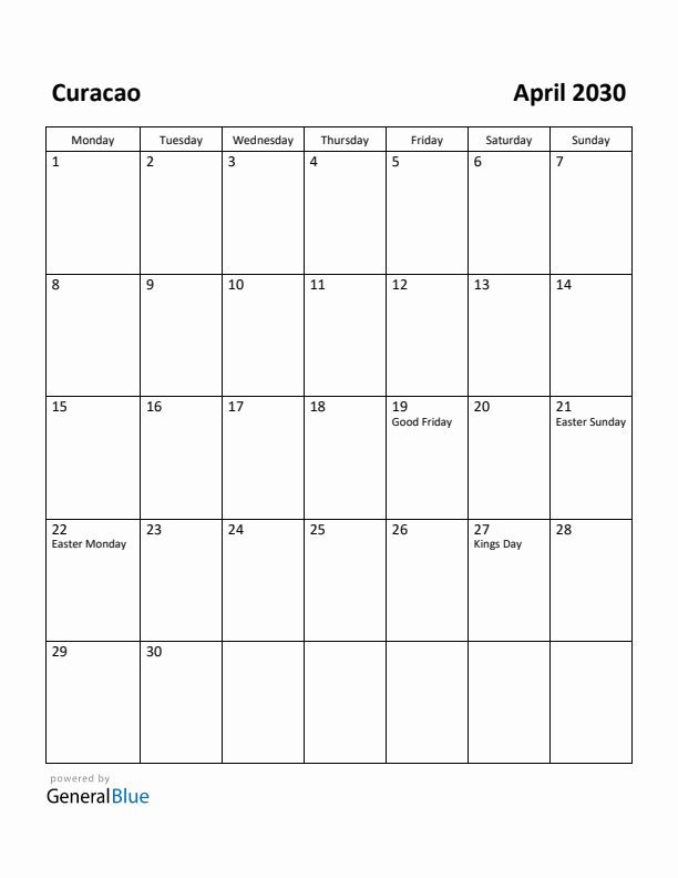 April 2030 Calendar with Curacao Holidays