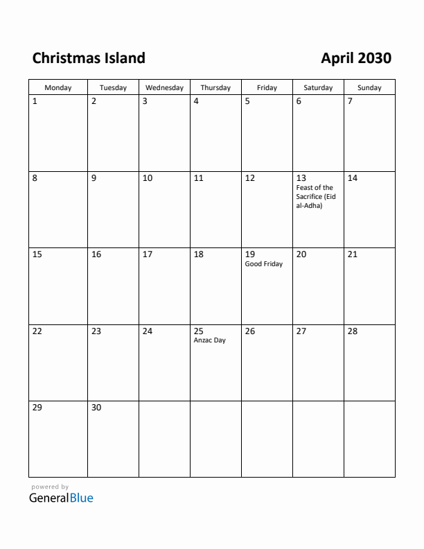 April 2030 Calendar with Christmas Island Holidays
