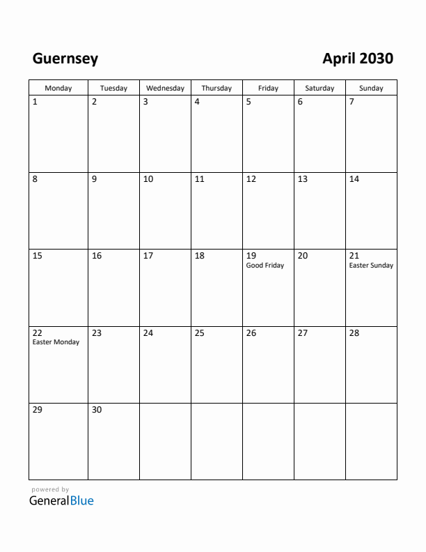 April 2030 Calendar with Guernsey Holidays