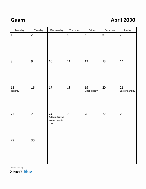April 2030 Calendar with Guam Holidays