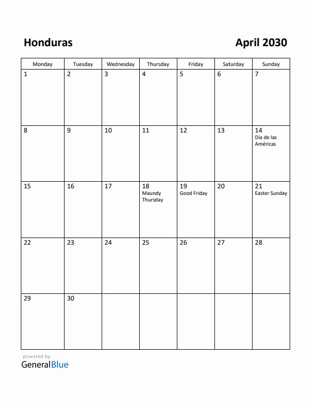 April 2030 Calendar with Honduras Holidays