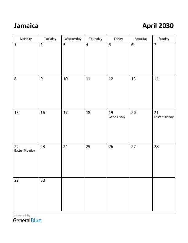 April 2030 Calendar with Jamaica Holidays