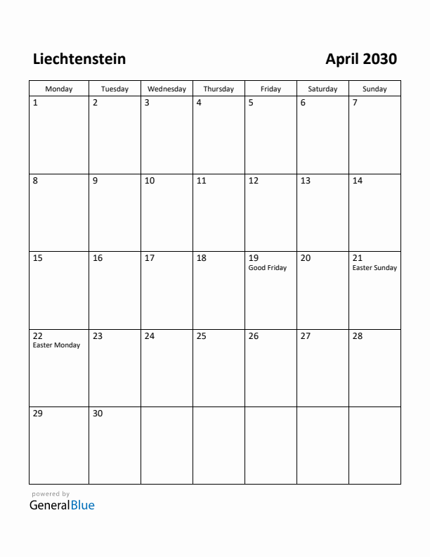 April 2030 Calendar with Liechtenstein Holidays