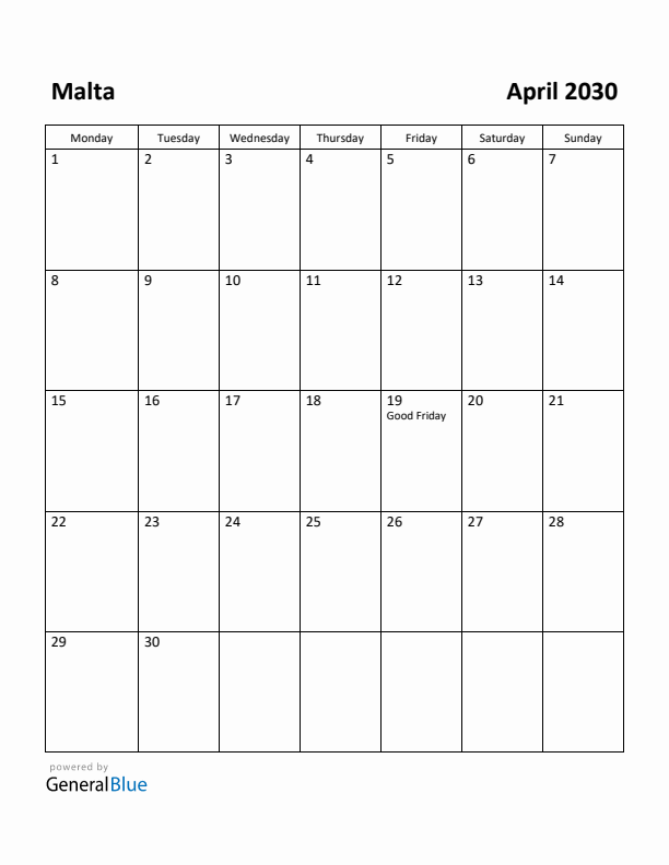 April 2030 Calendar with Malta Holidays
