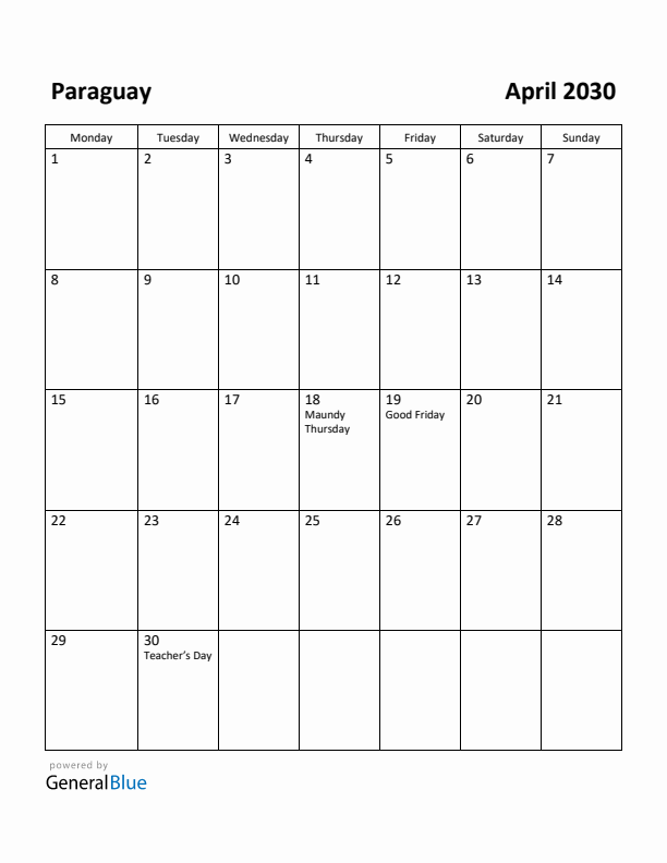 April 2030 Calendar with Paraguay Holidays