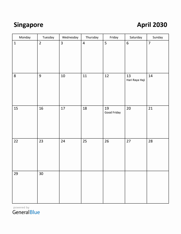 April 2030 Calendar with Singapore Holidays