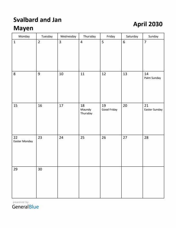 April 2030 Calendar with Svalbard and Jan Mayen Holidays