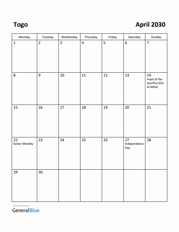 April 2030 Calendar with Togo Holidays