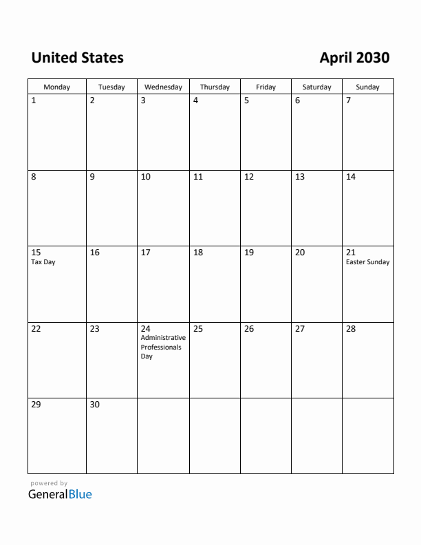 April 2030 Calendar with United States Holidays