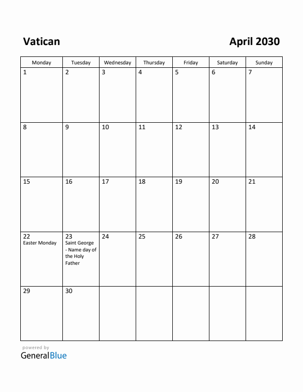 April 2030 Calendar with Vatican Holidays