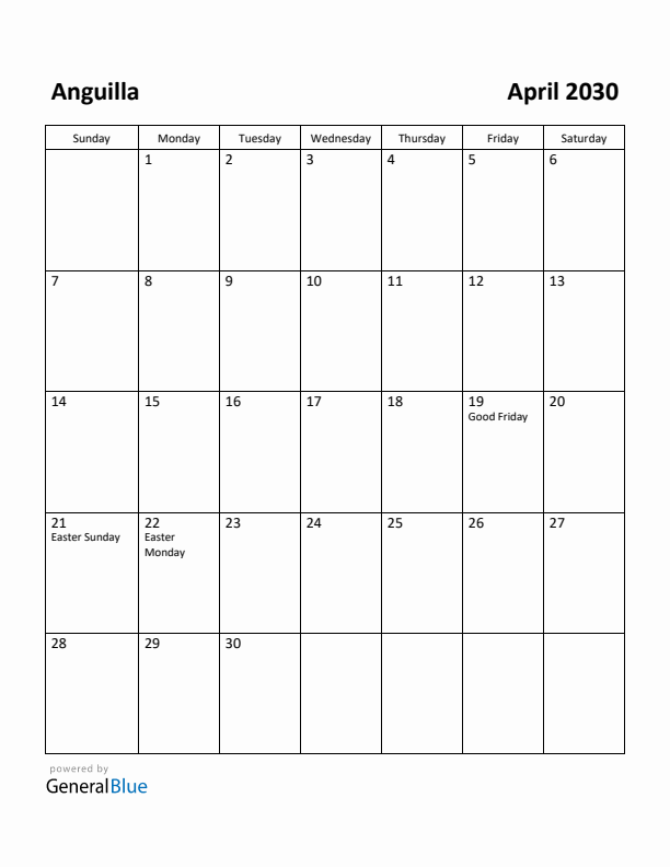 April 2030 Calendar with Anguilla Holidays