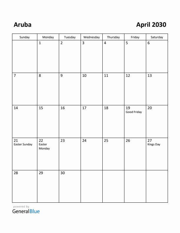 April 2030 Calendar with Aruba Holidays