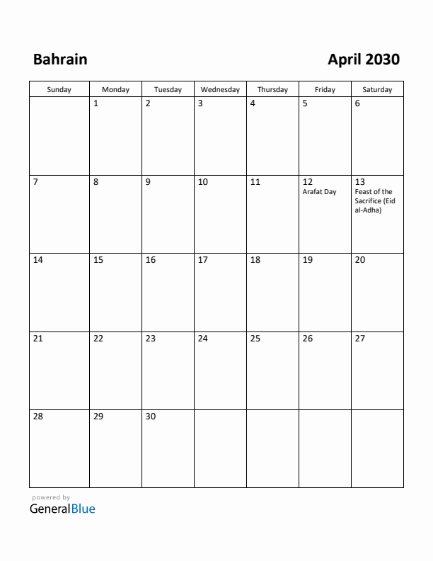 April 2030 Calendar with Bahrain Holidays