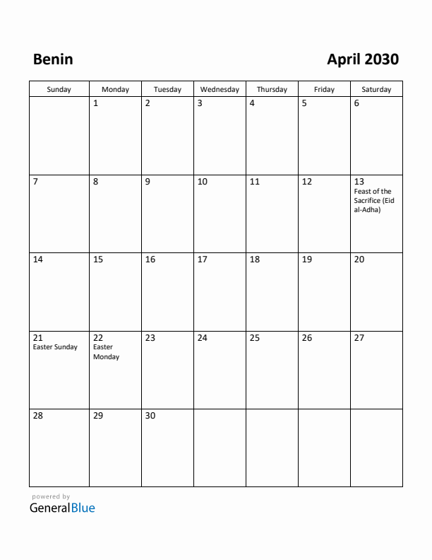 April 2030 Calendar with Benin Holidays
