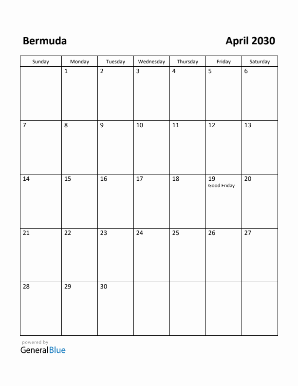 April 2030 Calendar with Bermuda Holidays