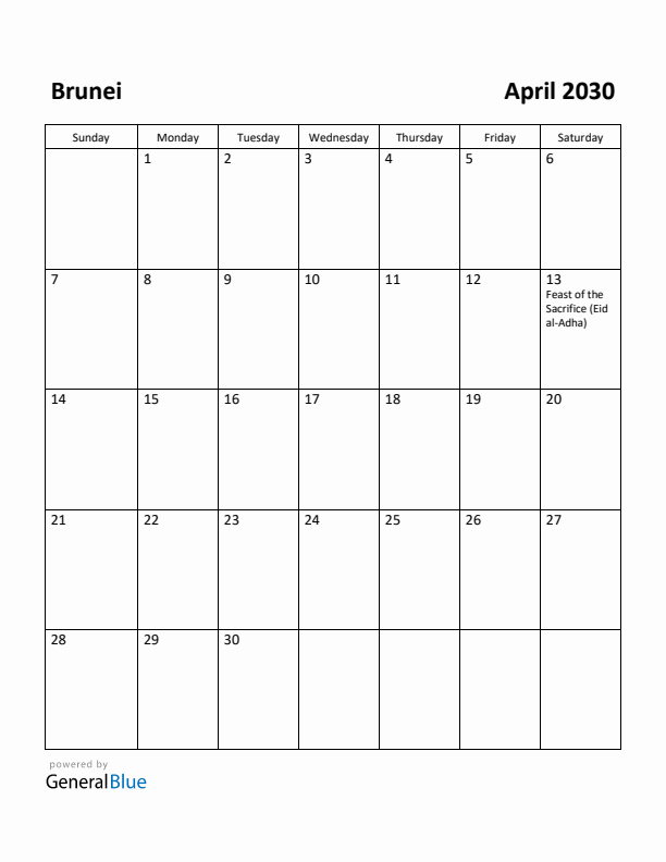 April 2030 Calendar with Brunei Holidays