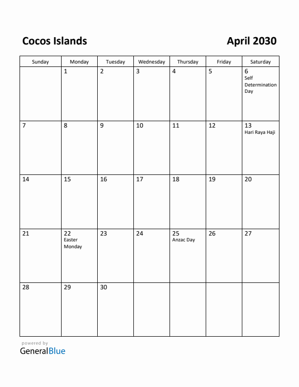 April 2030 Calendar with Cocos Islands Holidays