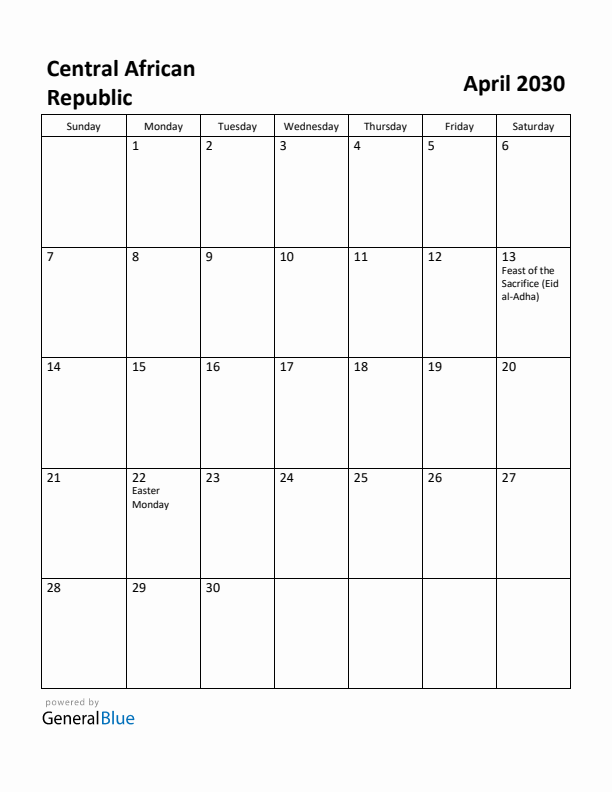 April 2030 Calendar with Central African Republic Holidays