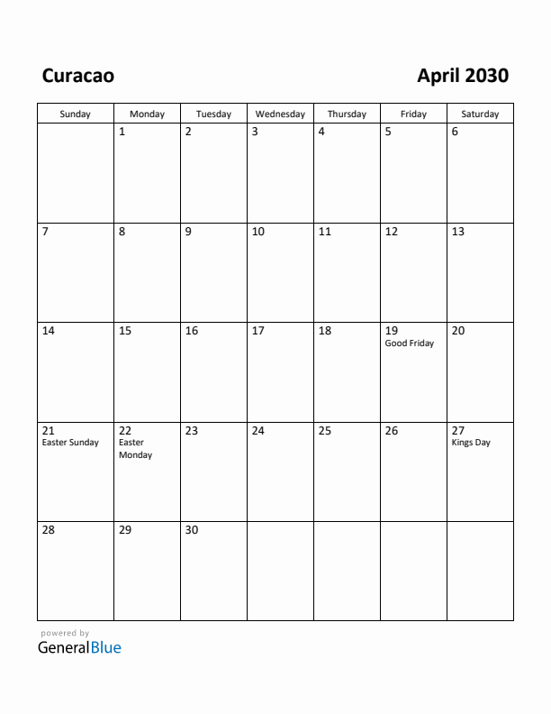 April 2030 Calendar with Curacao Holidays
