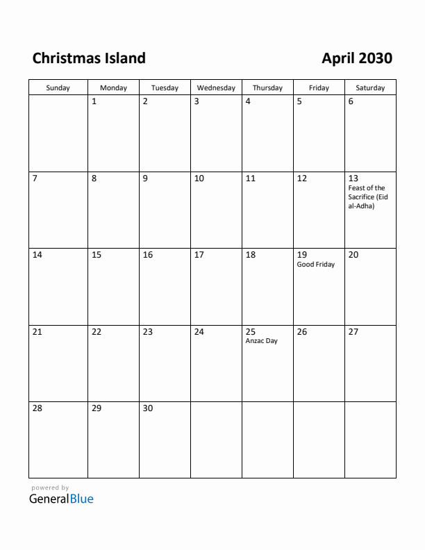 April 2030 Calendar with Christmas Island Holidays