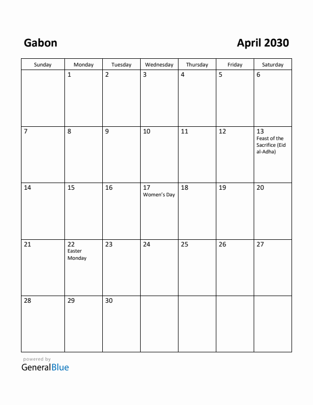 April 2030 Calendar with Gabon Holidays