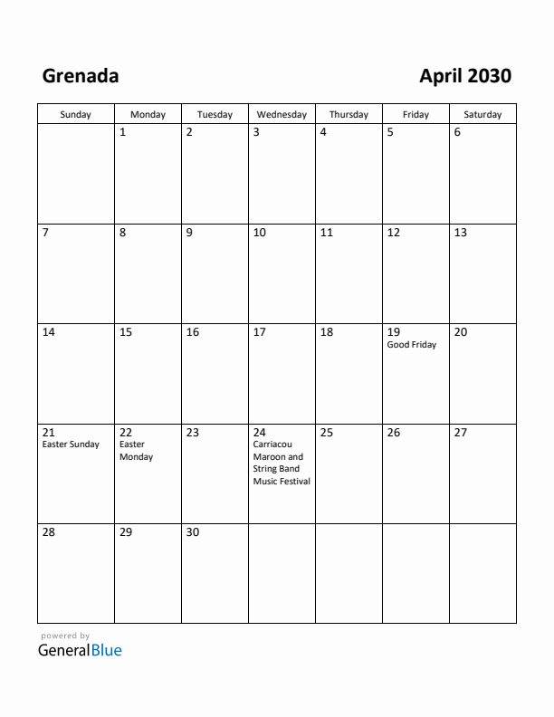 April 2030 Calendar with Grenada Holidays
