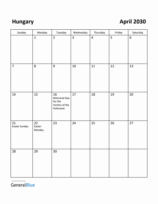 April 2030 Calendar with Hungary Holidays