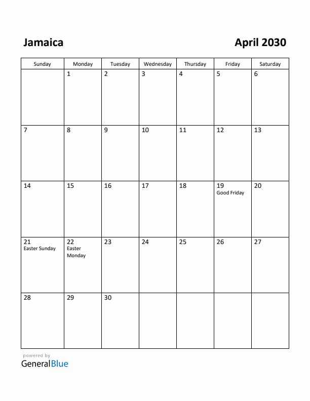 April 2030 Calendar with Jamaica Holidays