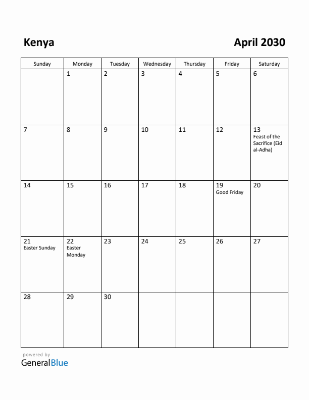 April 2030 Calendar with Kenya Holidays
