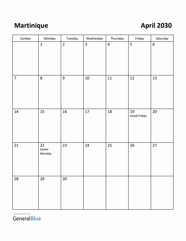 April 2030 Calendar with Martinique Holidays
