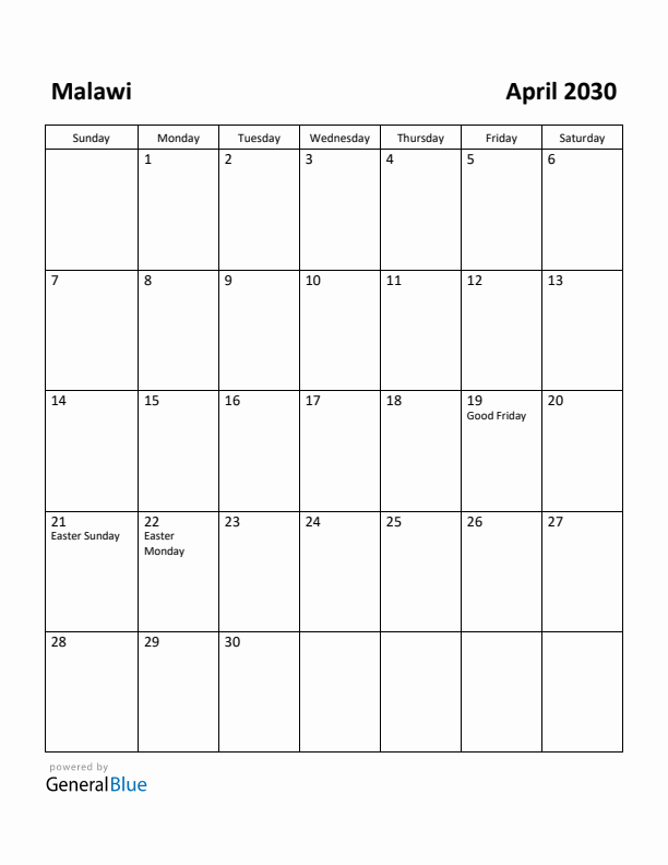 April 2030 Calendar with Malawi Holidays