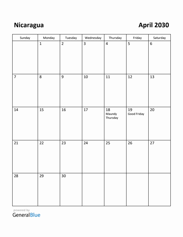 April 2030 Calendar with Nicaragua Holidays
