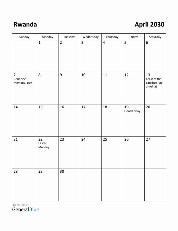 April 2030 Calendar with Rwanda Holidays