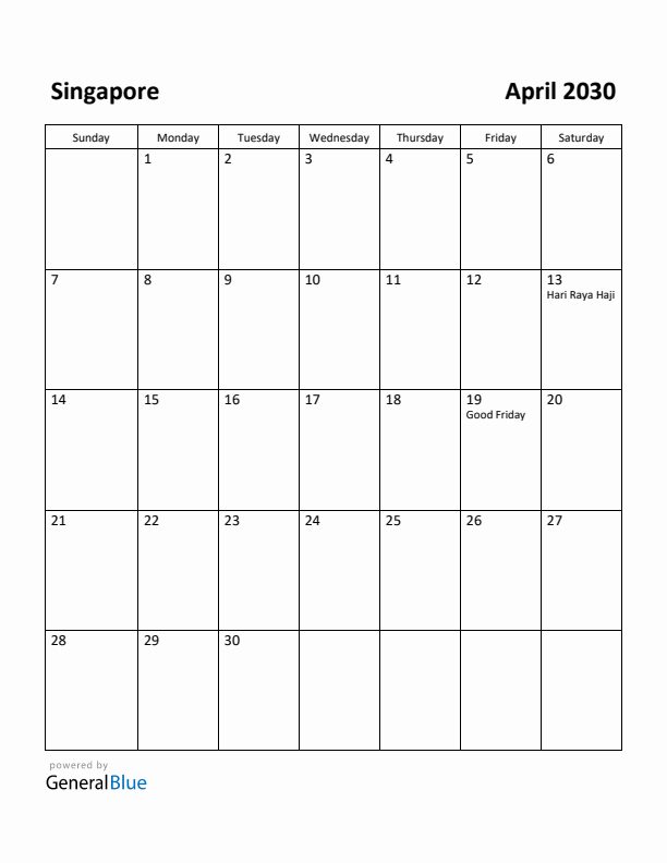 April 2030 Calendar with Singapore Holidays