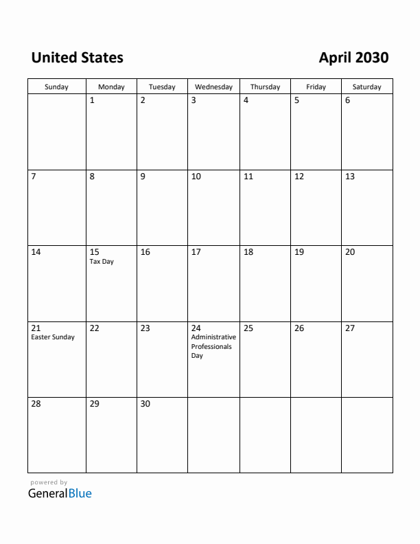 April 2030 Calendar with United States Holidays