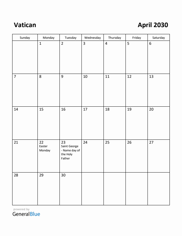 April 2030 Calendar with Vatican Holidays
