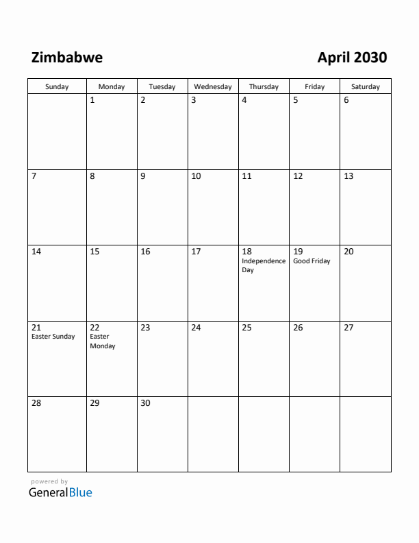 April 2030 Calendar with Zimbabwe Holidays